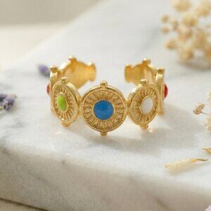 Bold 18K Gold Plated Open Adjustable Ring With Colorful Medallion Accents 🌈